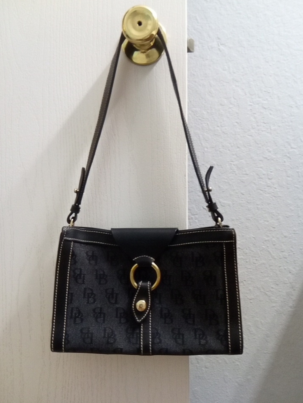 Dooney & Bourke Black Logo-Print Shoulder Bag with Gold Ring